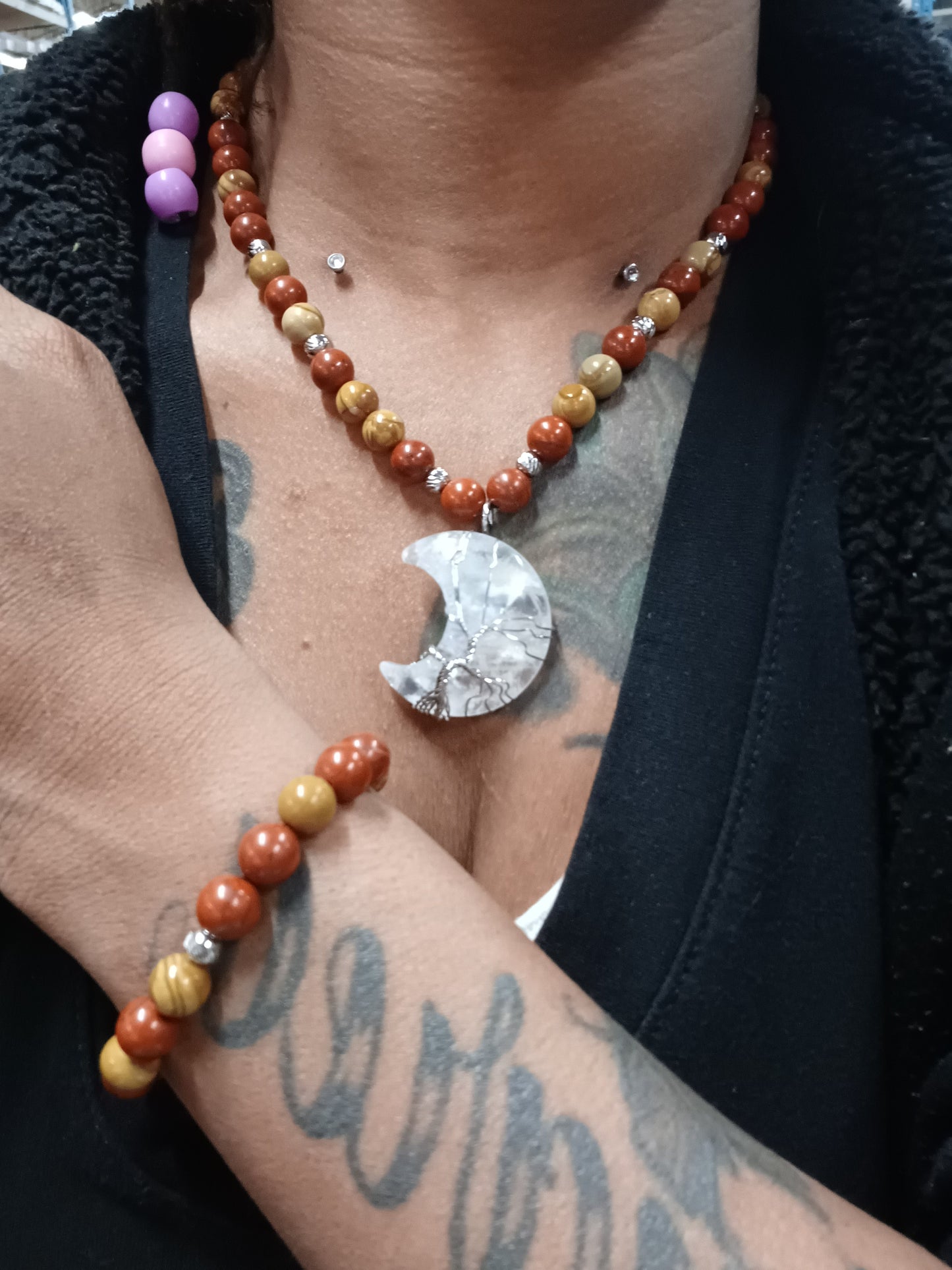 Jasper Quartz Moon Necklace Set 9in