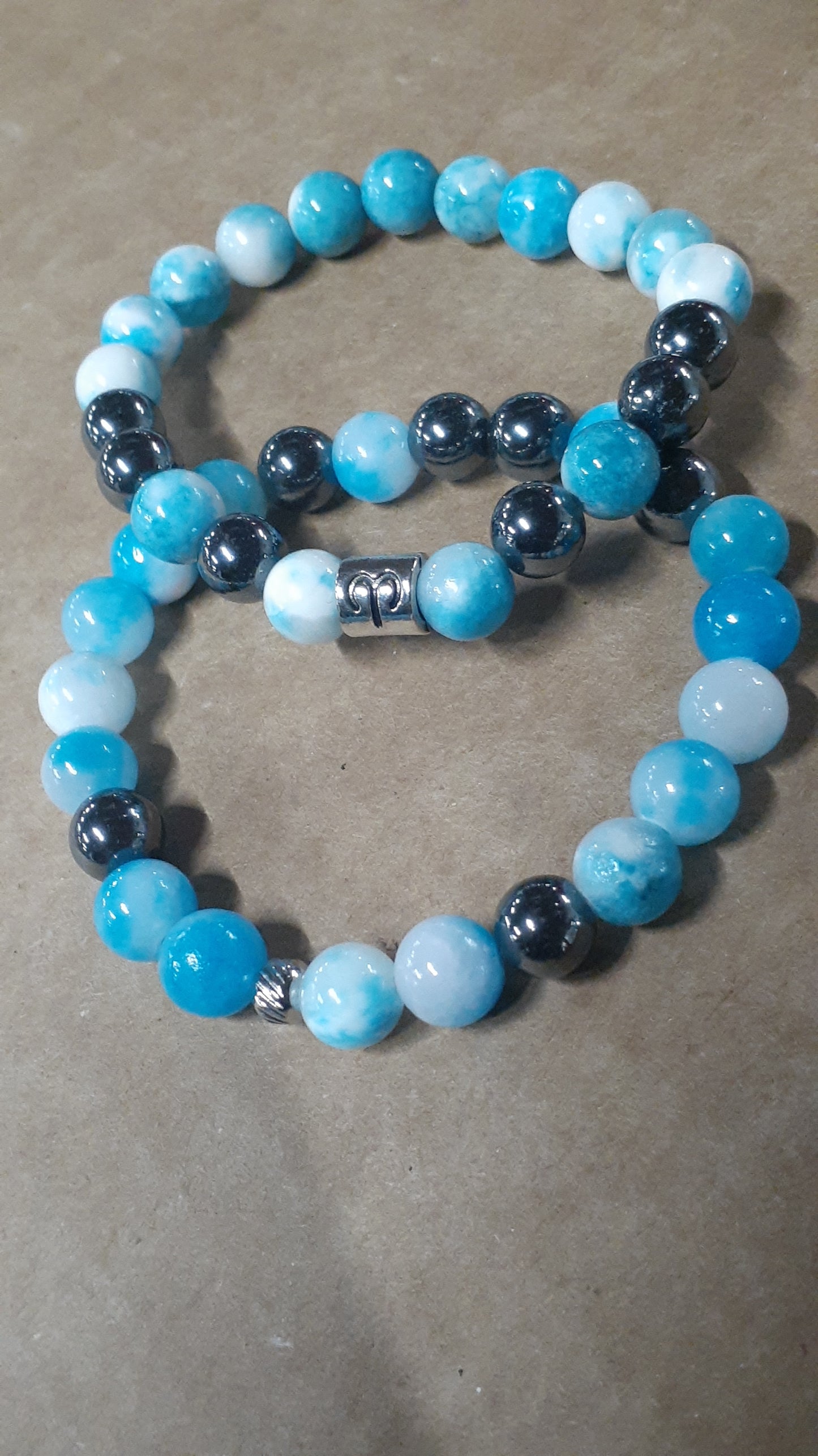 Aries Blue Jade Hematite Stretch Bracelet Set