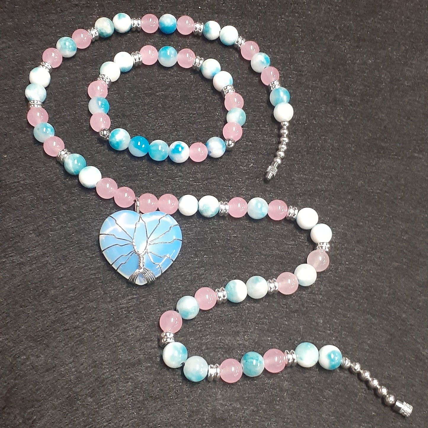Opalite Heart Rose Jade Necklace Set 10in