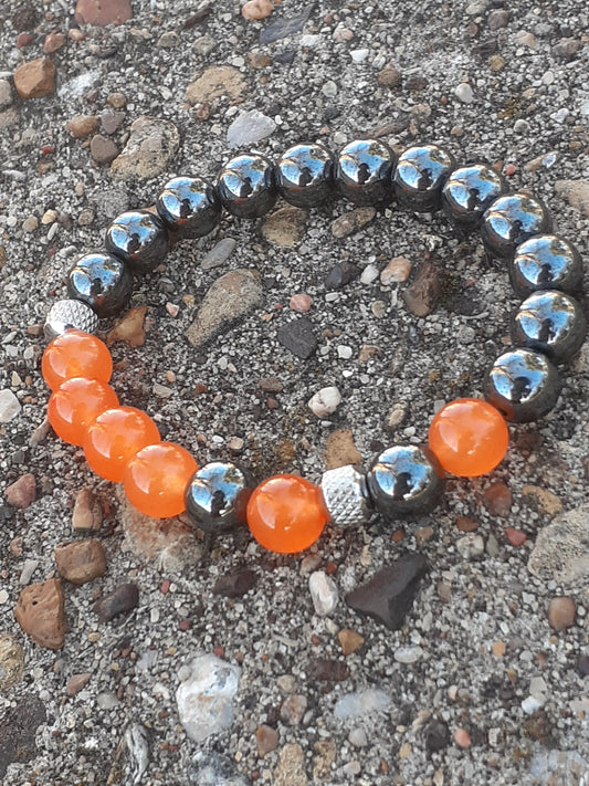 Orange Agate and Hematite Natural Stone Stretch Bracelet