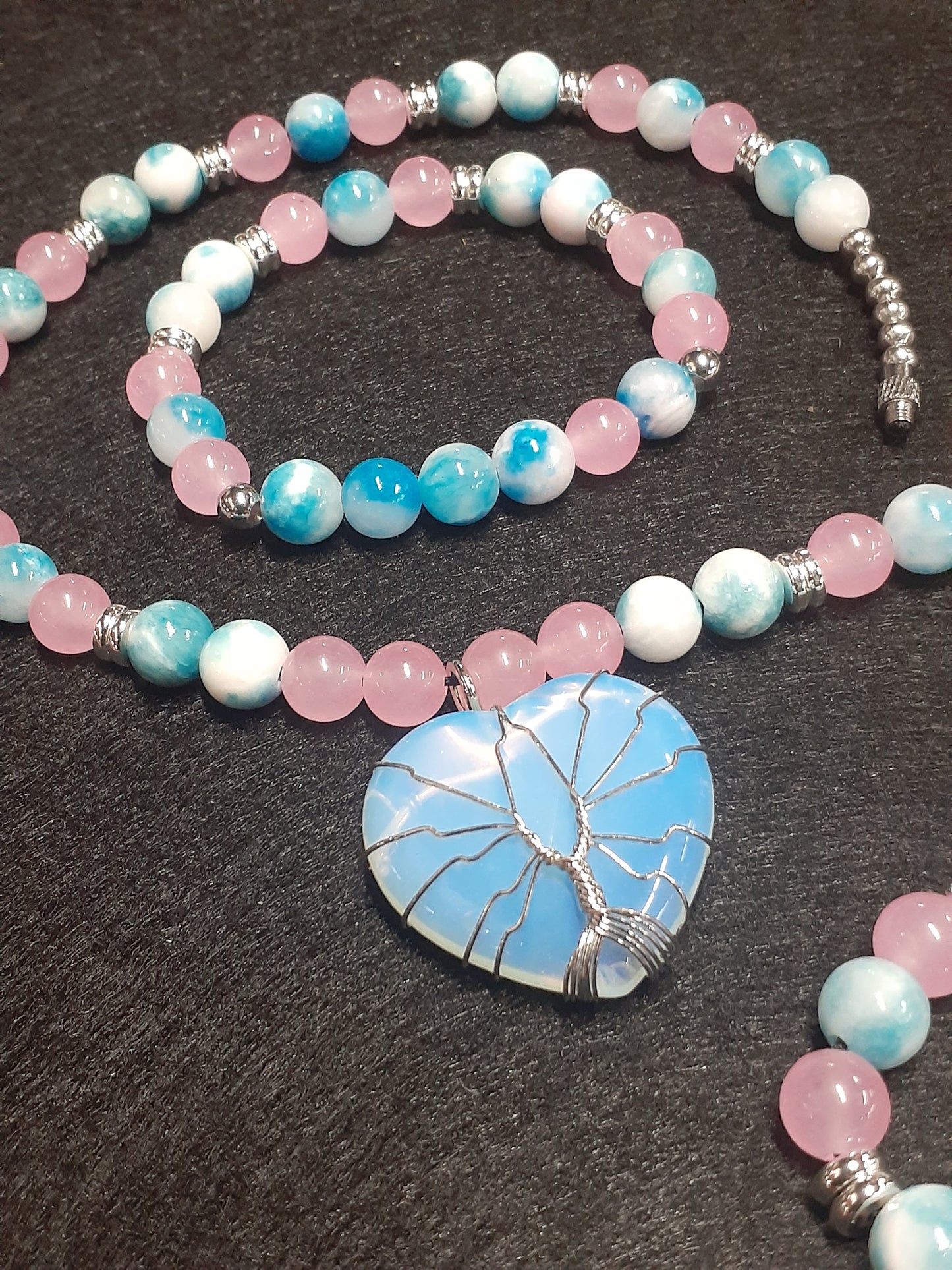 Opalite Heart Rose Jade Necklace Set 10in