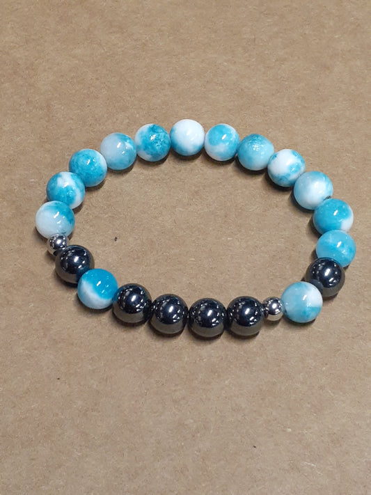 Blue Jade and Hematite Stretch Bracelet