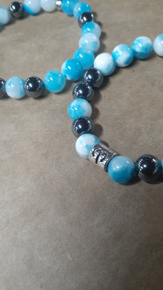 Aries Blue Jade Hematite Stretch Bracelet Set