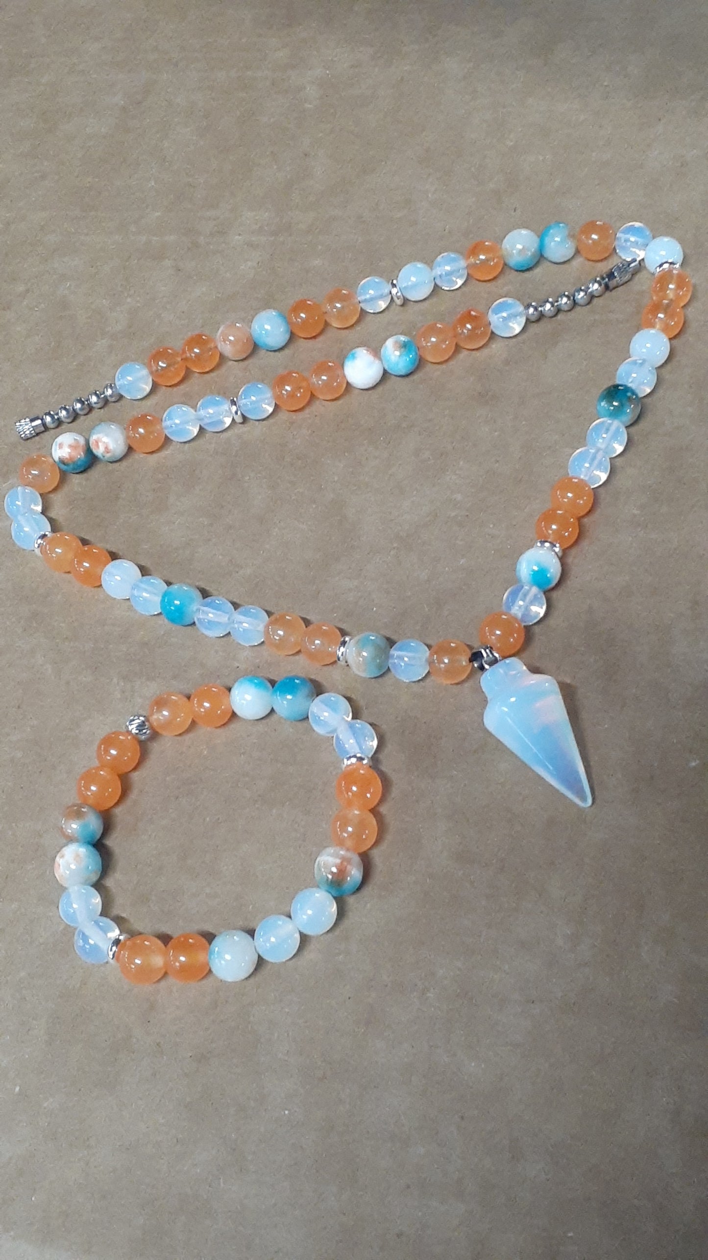 Opal Arrowhead Blueorange Jade Necklace Set 10in with KIDS Bracelet