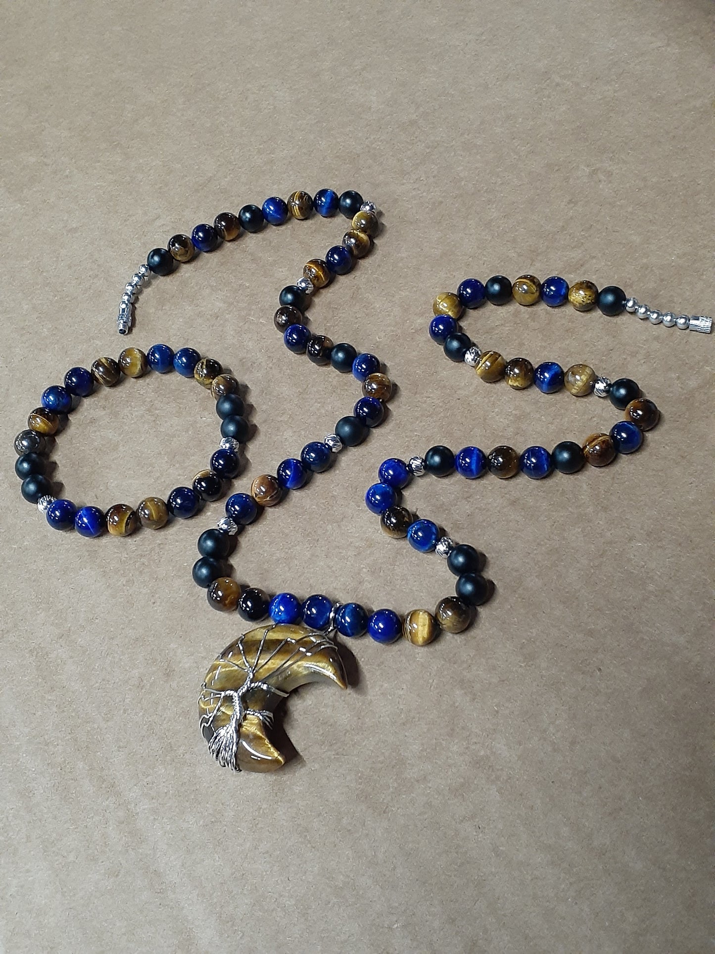 Tiger Eye Moon Necklace Set 12in Sapphire Onyx