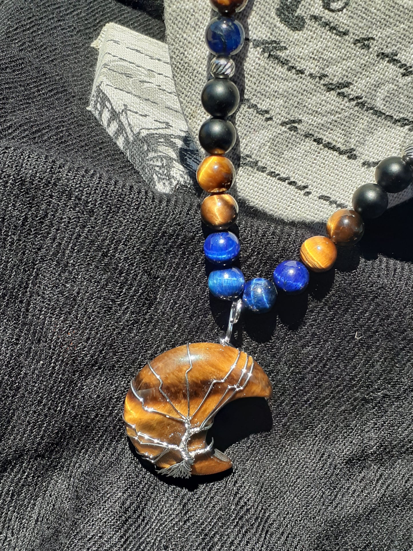 Tiger Eye Moon Necklace Set 12in Sapphire Onyx