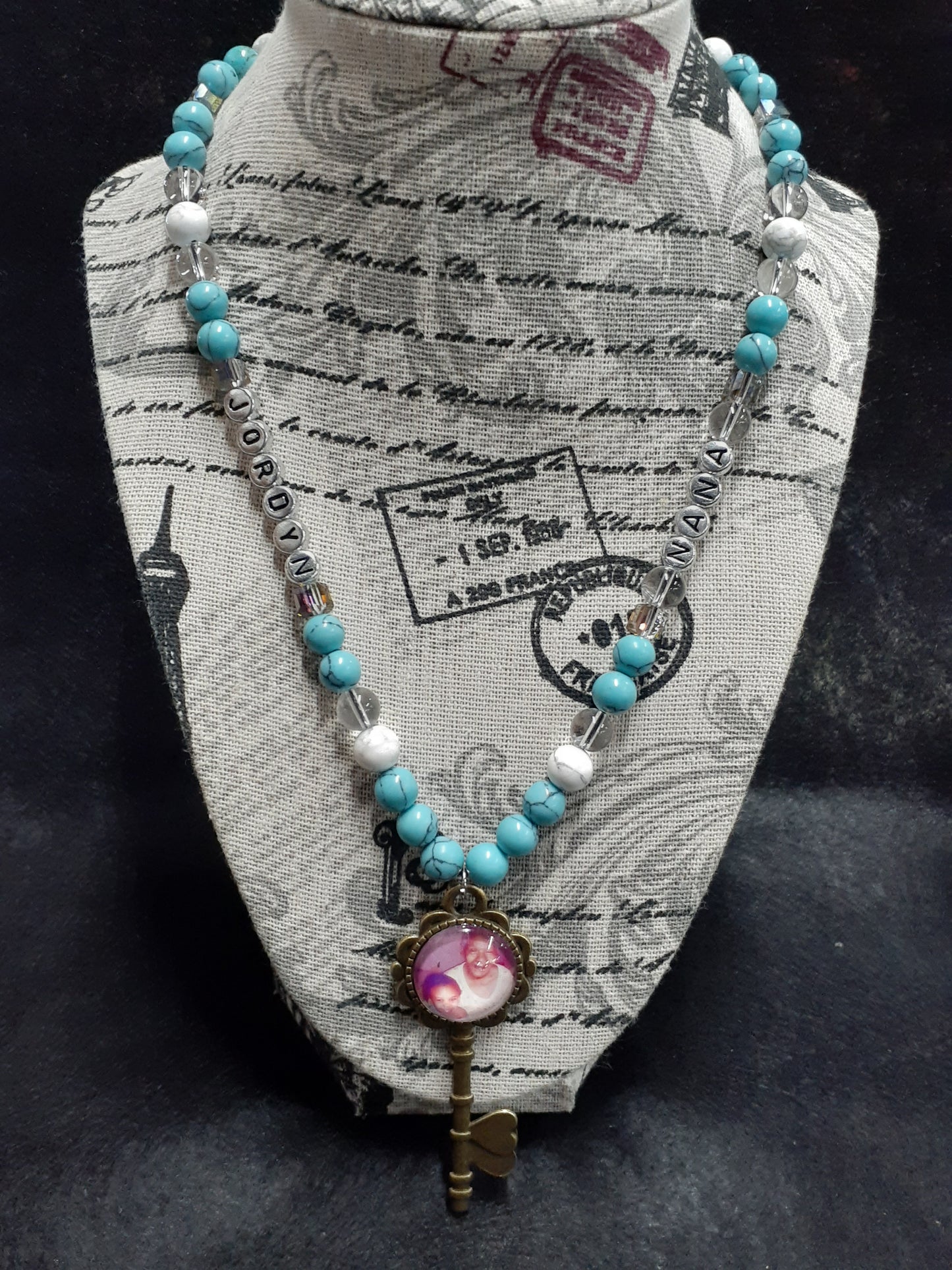 Flower Key Bezel Personalized "Nana" Necklace, Antique