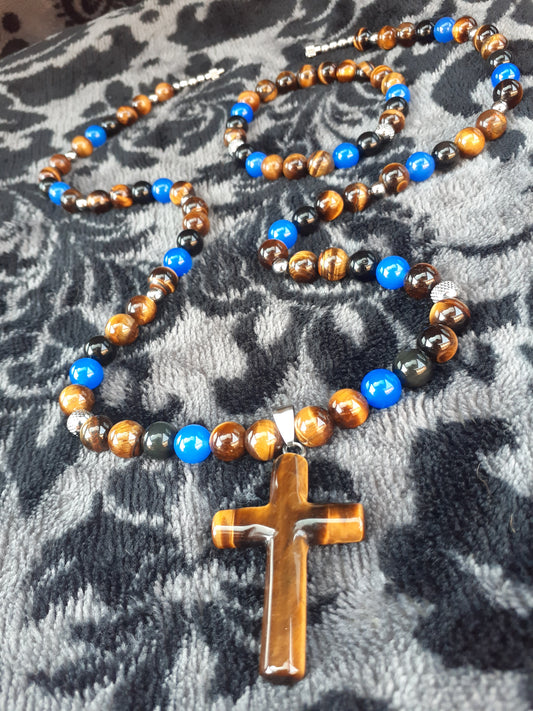 Tiger Eye Cross Blue Agsidian Necklace Set 12 Inch