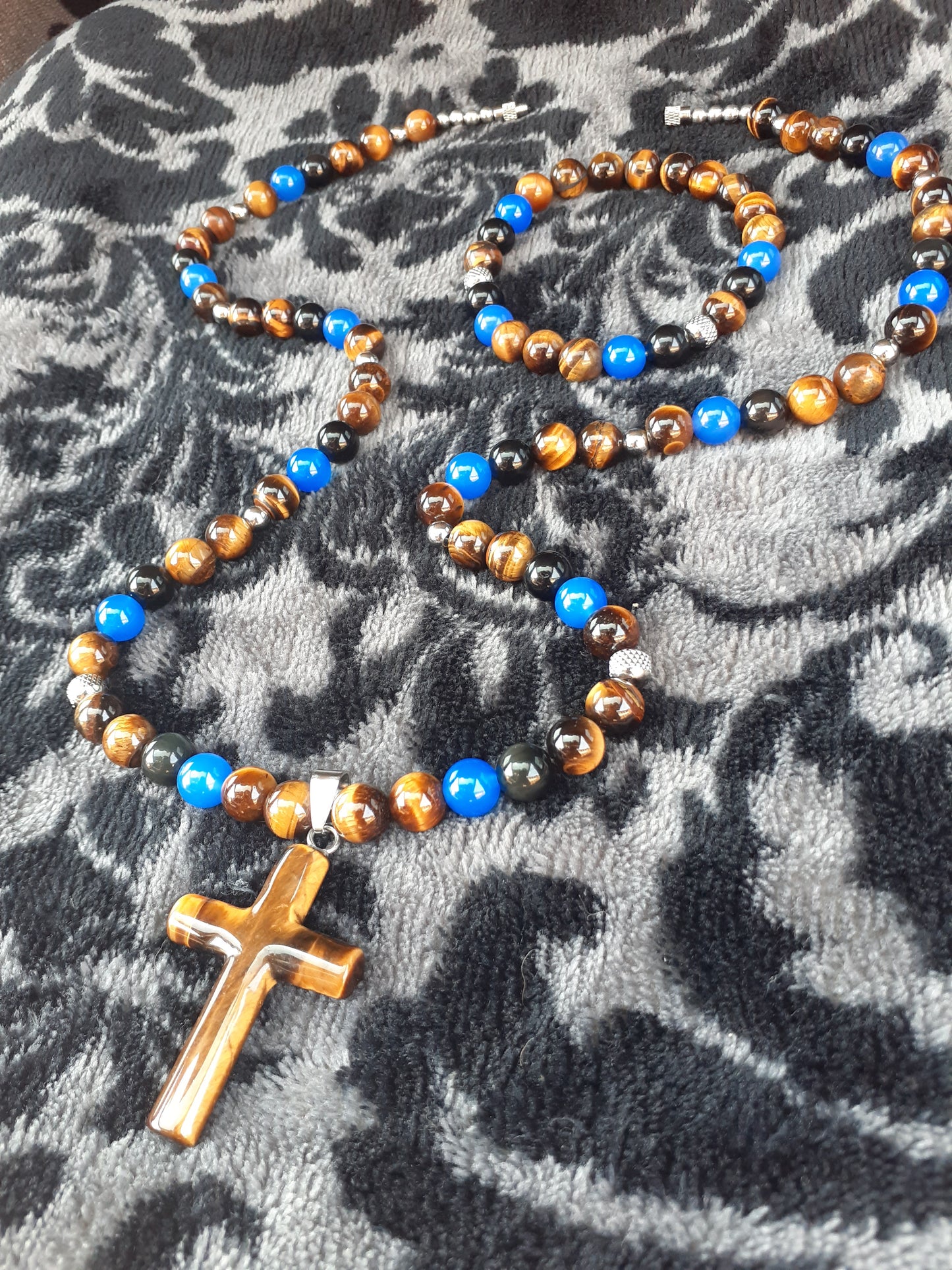 Tiger Eye Cross Blue Agsidian Necklace Set 12 Inch