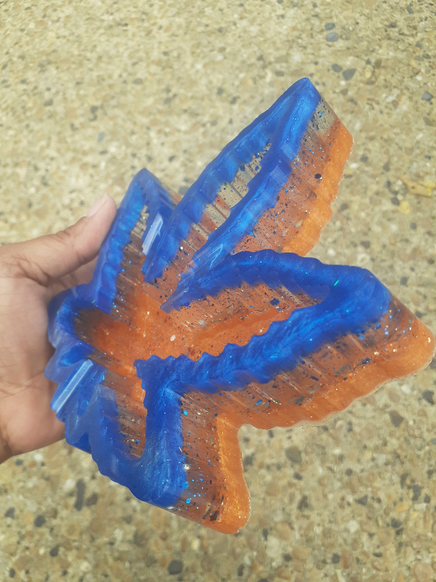 Large Maple Leaf Ashtray Blue Orange Clear