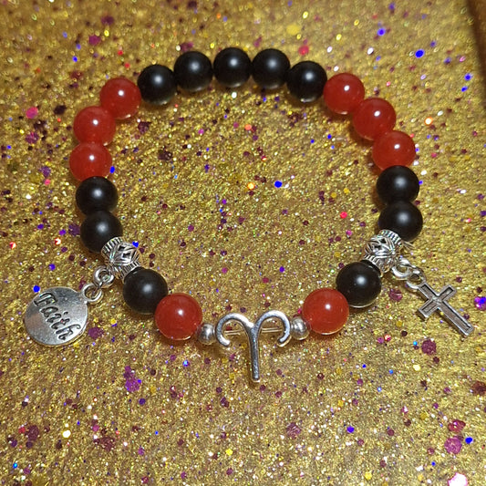 Aries Carnelian Onyx Charm Stretch Bracelet