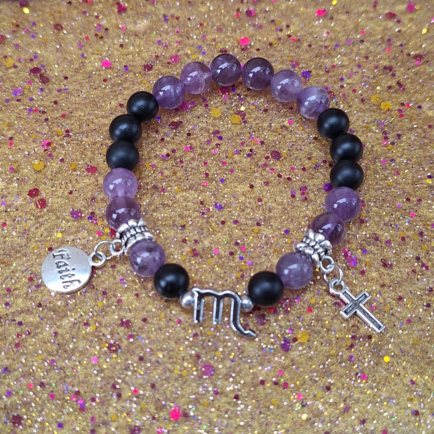 Scorpio Onyx Amethyst Charm Stretch Bracelet