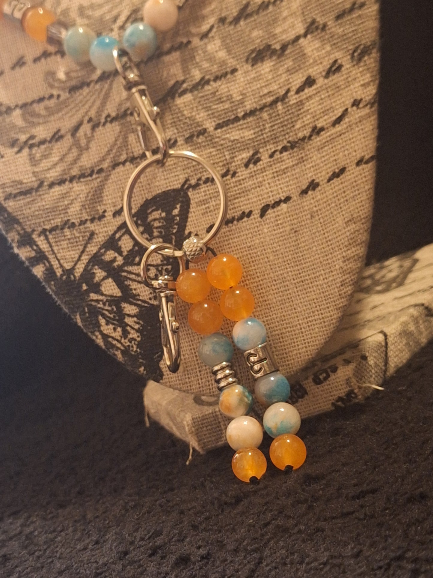 Aries Blue / Orange Chalcedony 2 Piece Lanyard and Keybead Set Jade
