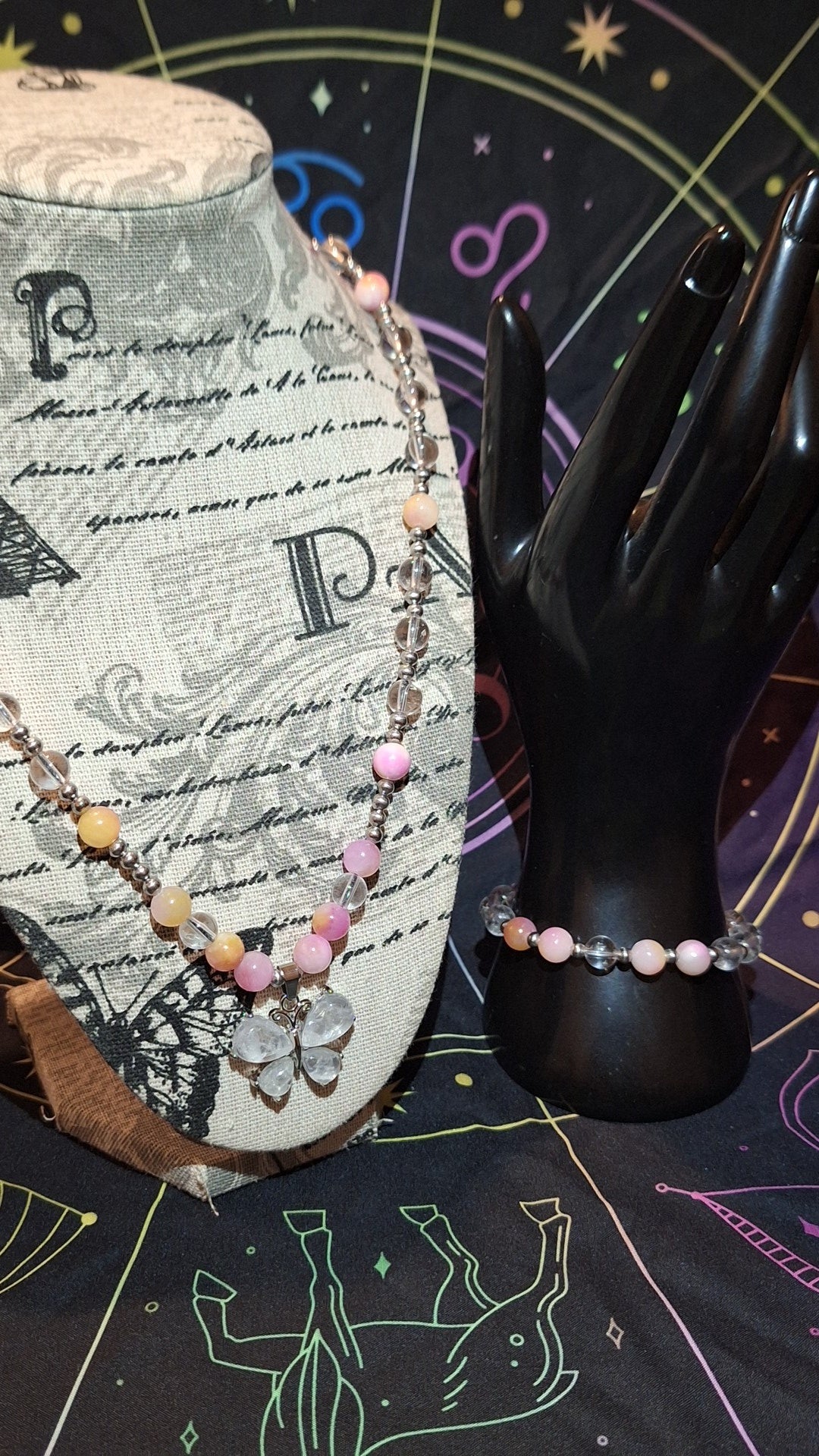 Quartz Butterfly Pink Jade 2pc Set With Matching Stretch Bracelet