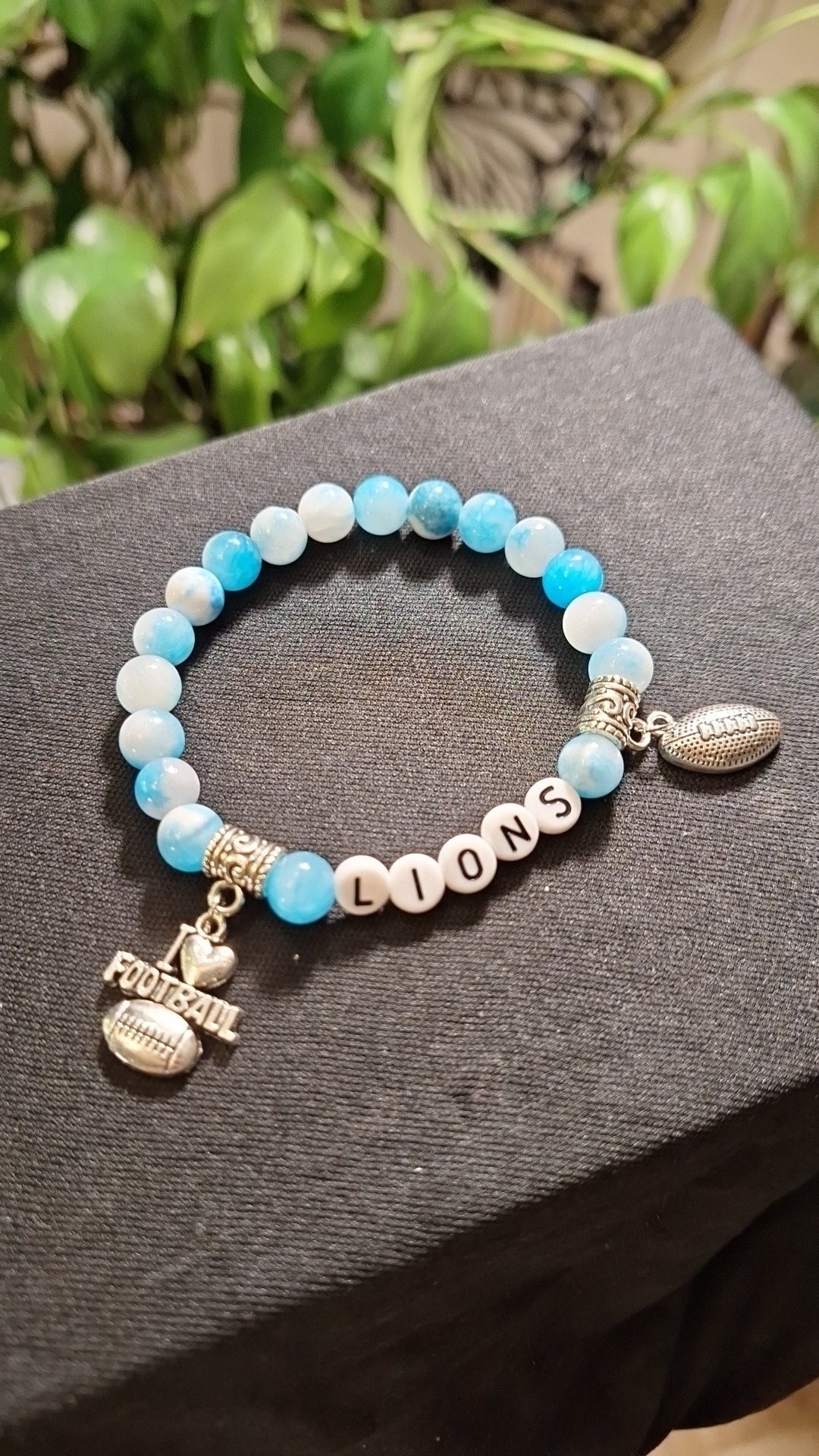 Lions White Blue Jade Stretch Charm Bracelet