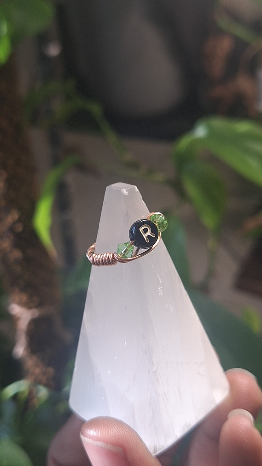 Alphabet "R" Adjustable Copper Ring Green