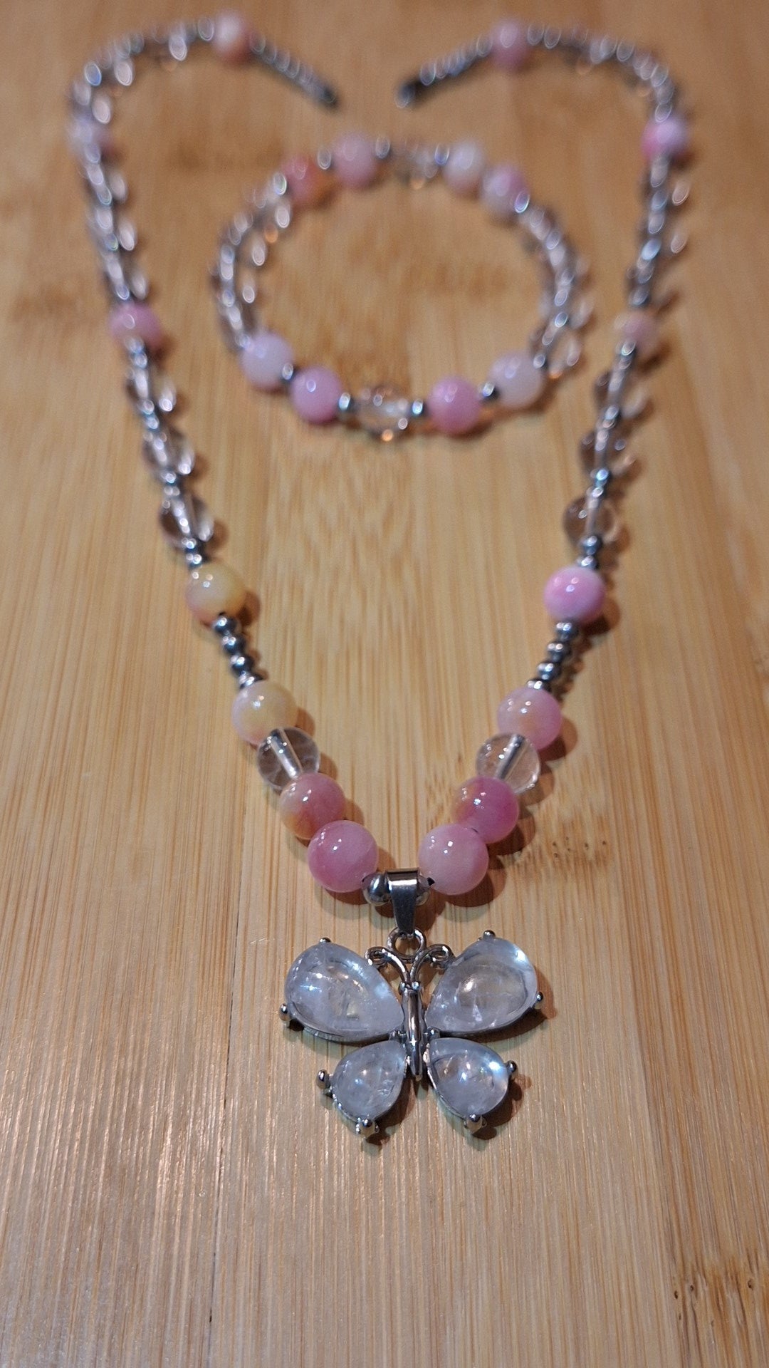 Quartz Butterfly Pink Jade 2pc Set With Matching Stretch Bracelet