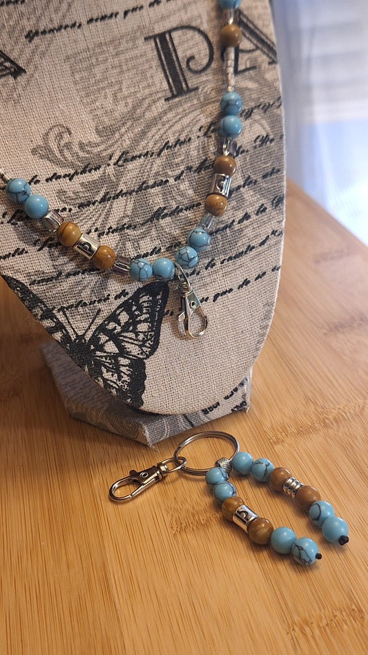 Libra Turquoise Wood Jasper Lanyard and Keybead 2pc Set